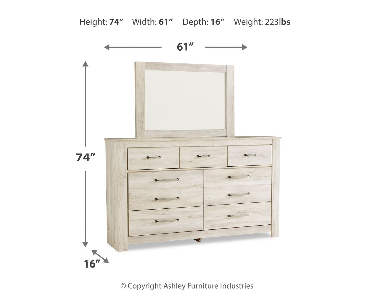 Bellaby King Platform Bed with 2 Storage Drawers with Mirrored Dresser and Nightstand in Whitewash - PKG014077