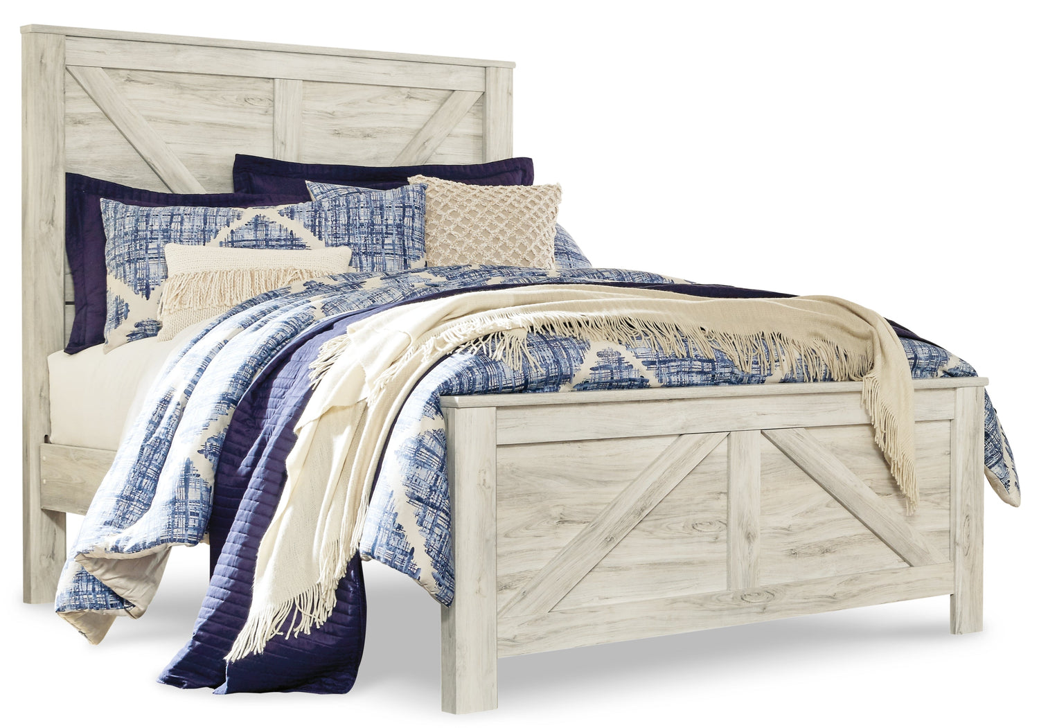 Bellaby Queen Crossbuck Panel Bed with Mirrored Dresser, Chest and 2 Nightstands in Whitewash from Ashley - Luna Furniture