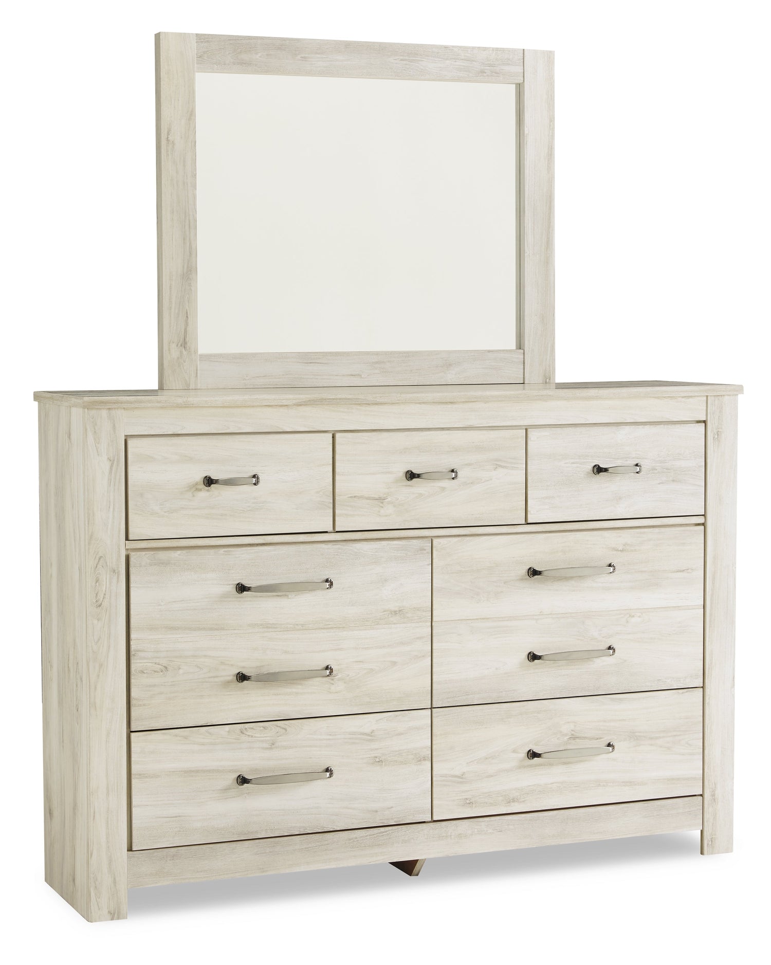 Bellaby Queen Crossbuck Panel Bed with Mirrored Dresser, Chest and 2 Nightstands in Whitewash from Ashley - Luna Furniture