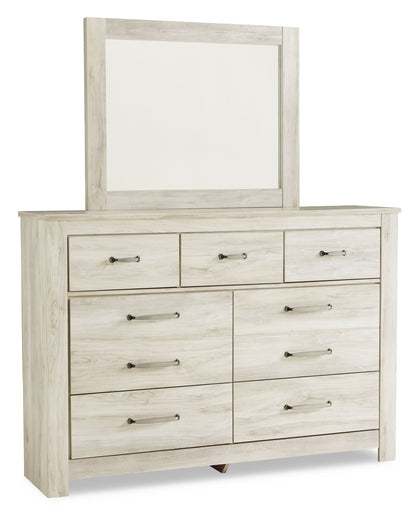 Bellaby Queen Crossbuck Panel Bed with Mirrored Dresser, Chest and 2 Nightstands in Whitewash from Ashley - Luna Furniture