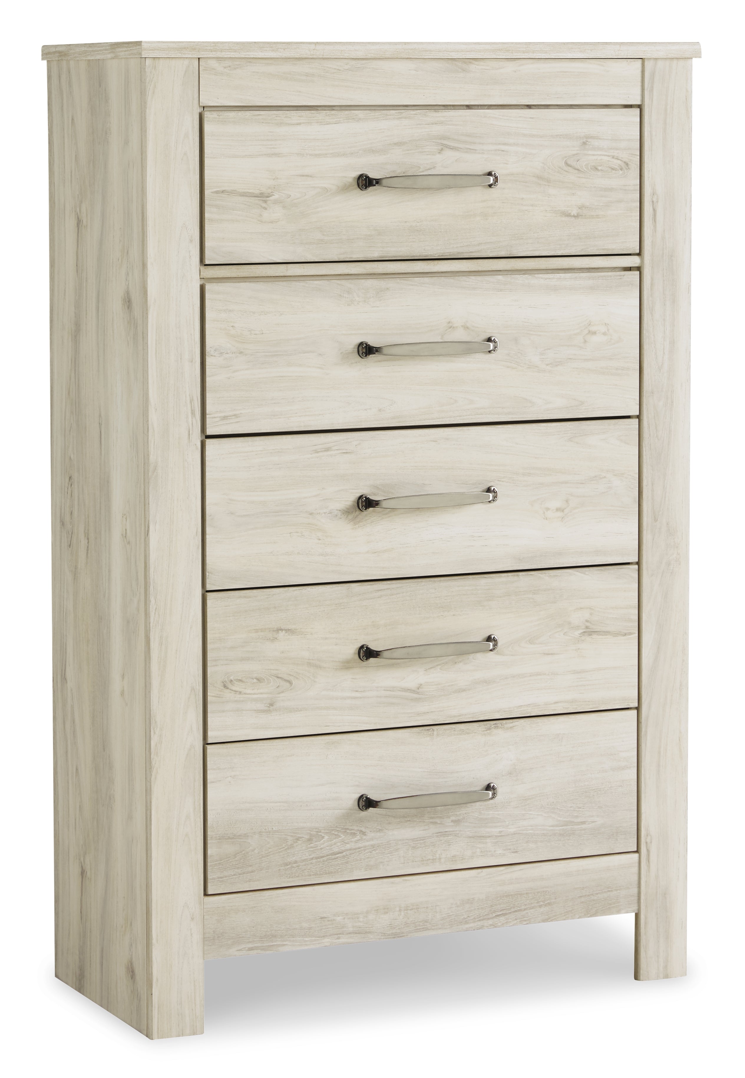 Bellaby Queen Crossbuck Panel Bed with Mirrored Dresser, Chest and 2 Nightstands in Whitewash from Ashley - Luna Furniture