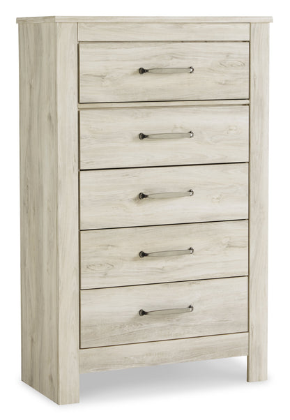 Bellaby Queen Crossbuck Panel Bed with Mirrored Dresser, Chest and 2 Nightstands in Whitewash from Ashley - Luna Furniture