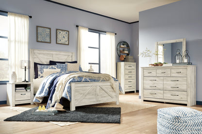Bellaby Queen Crossbuck Panel Bed with Mirrored Dresser, Chest and 2 Nightstands in Whitewash from Ashley - Luna Furniture