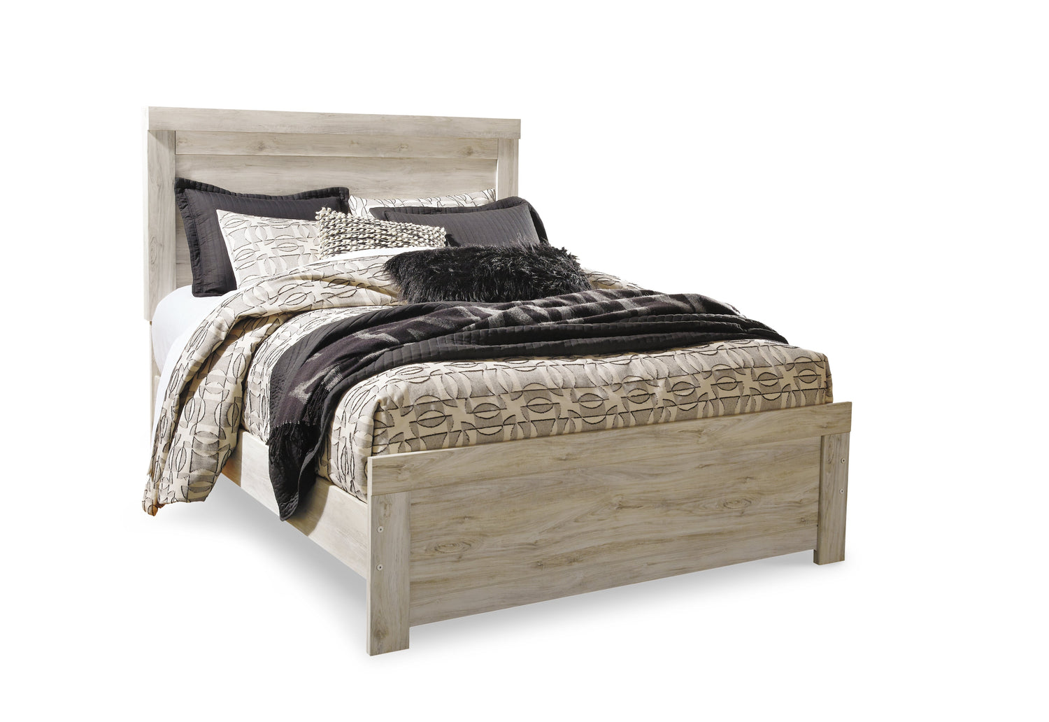 Bellaby Queen Panel Bed with Mirrored Dresser, Chest and Nightstand in Whitewash from Ashley - Luna Furniture