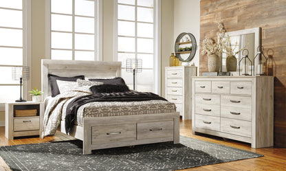 Bellaby Queen Platform Bed with 2 Storage Drawers with Mirrored Dresser, Chest and Nightstand in Whitewash from Ashley - Luna Furniture