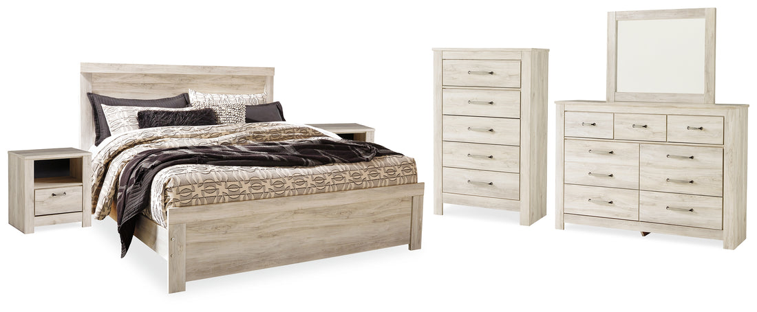 Bellaby Whitewash King Panel Bed, Dresser, Mirror, Chest and 2 Nightstands - B331B17