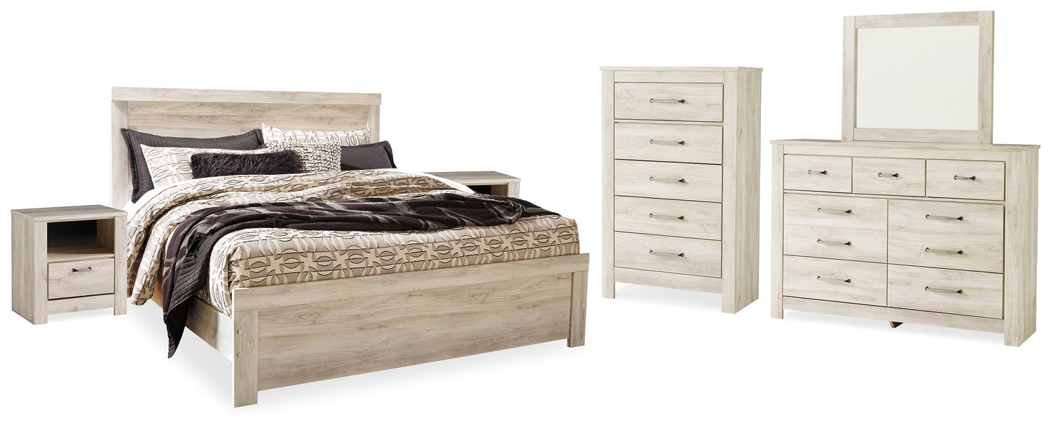 Bellaby Whitewash King Panel Bed, Dresser, Mirror, Chest and 2 Nightstands - B331B17