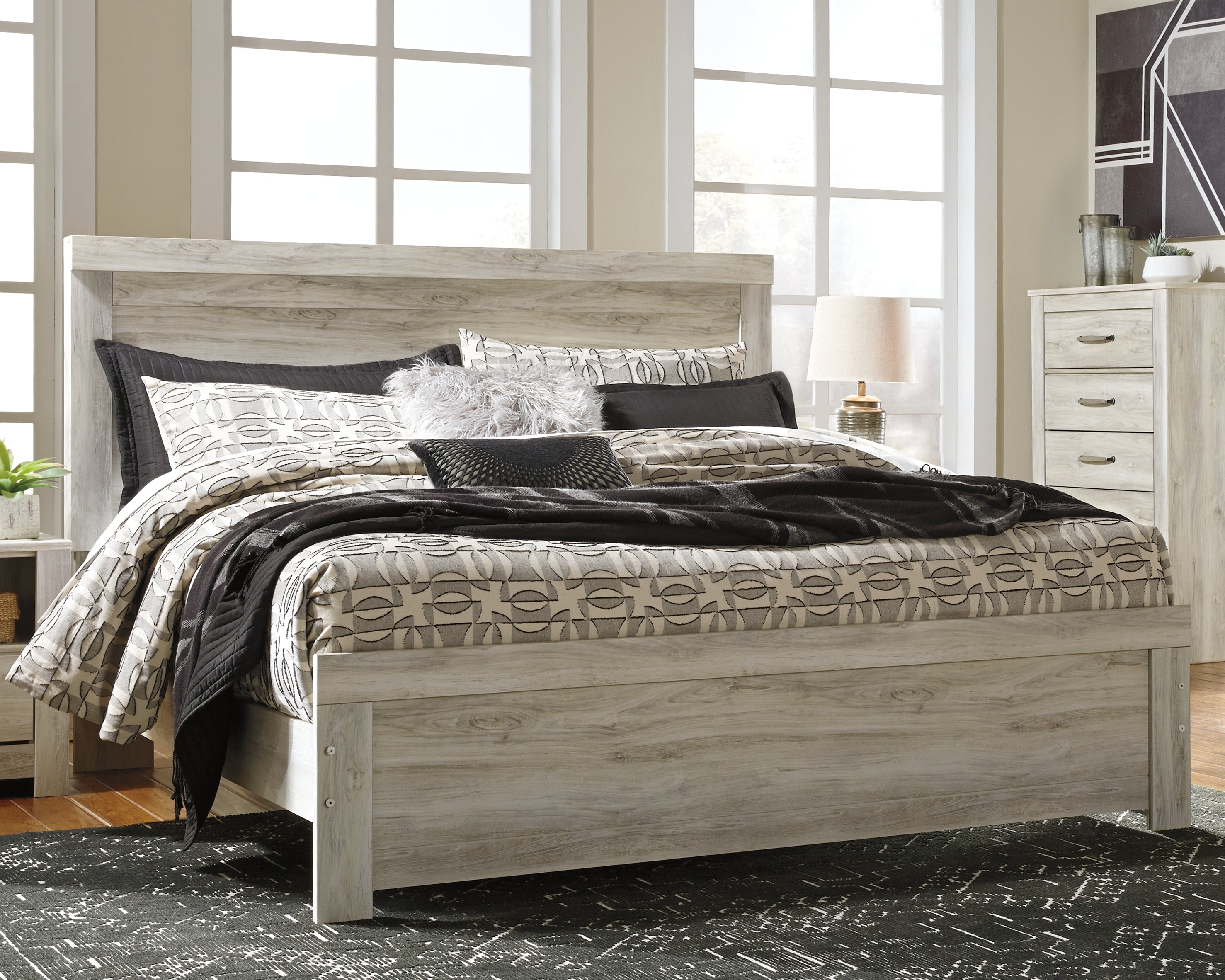 Bellaby Whitewash King Panel Bed, Dresser, Mirror, Chest and 2 Nightstands - B331B17