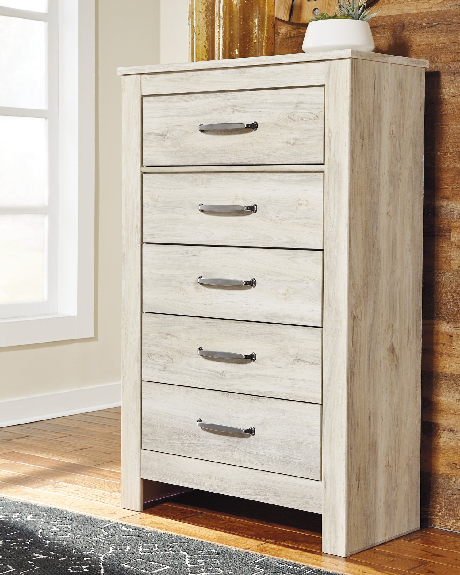 Bellaby Whitewash King Panel Bed, Dresser, Mirror, Chest and 2 Nightstands - B331B17