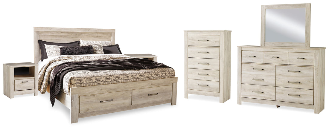 Bellaby Whitewash King Storage Bed, Dresser, Mirror, Chest and 2 Nightstands - B331B20