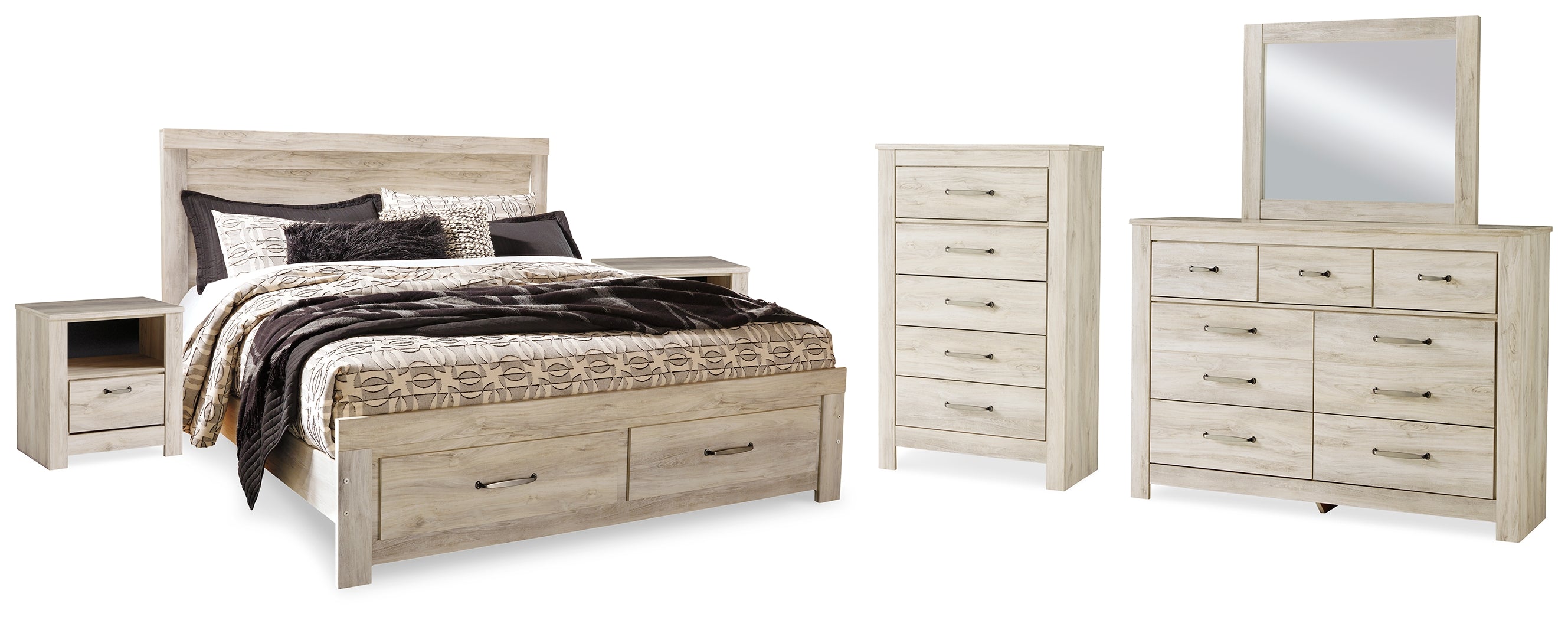 Bellaby Whitewash King Storage Bed, Dresser, Mirror, Chest and 2 Nightstands - B331B20