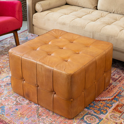 Benjiro Square Tan Leather Ottoman - OTT01300702