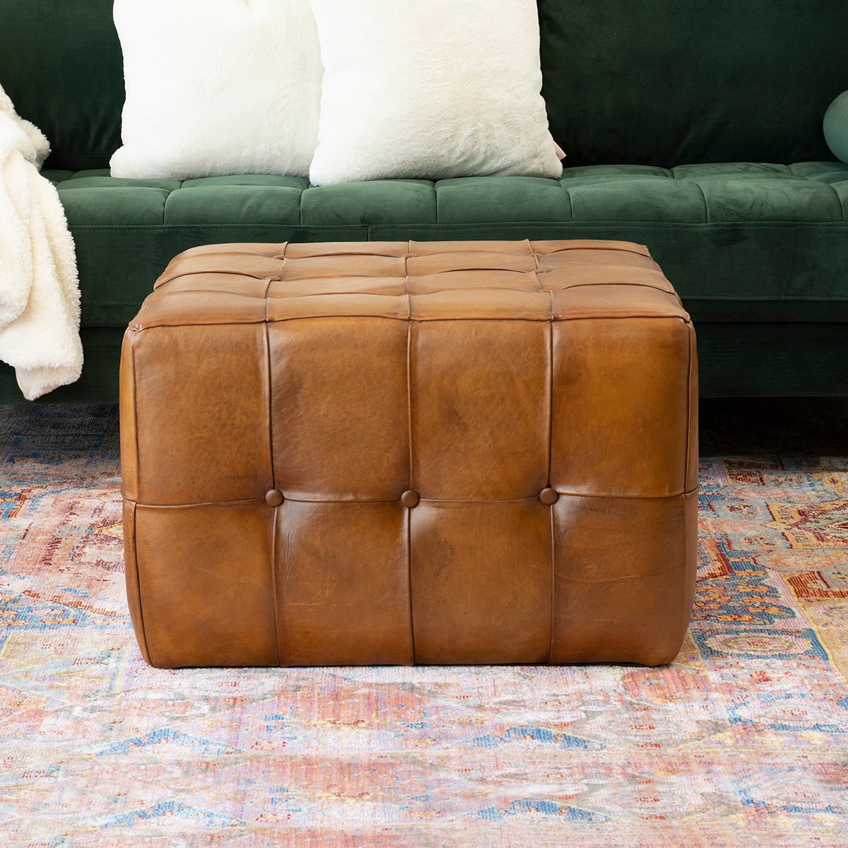 Benjiro Square Tan Leather Ottoman - OTT01300702