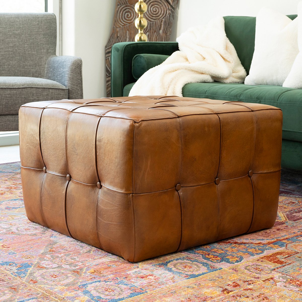 Benjiro Square Tan Leather Ottoman - OTT01300702