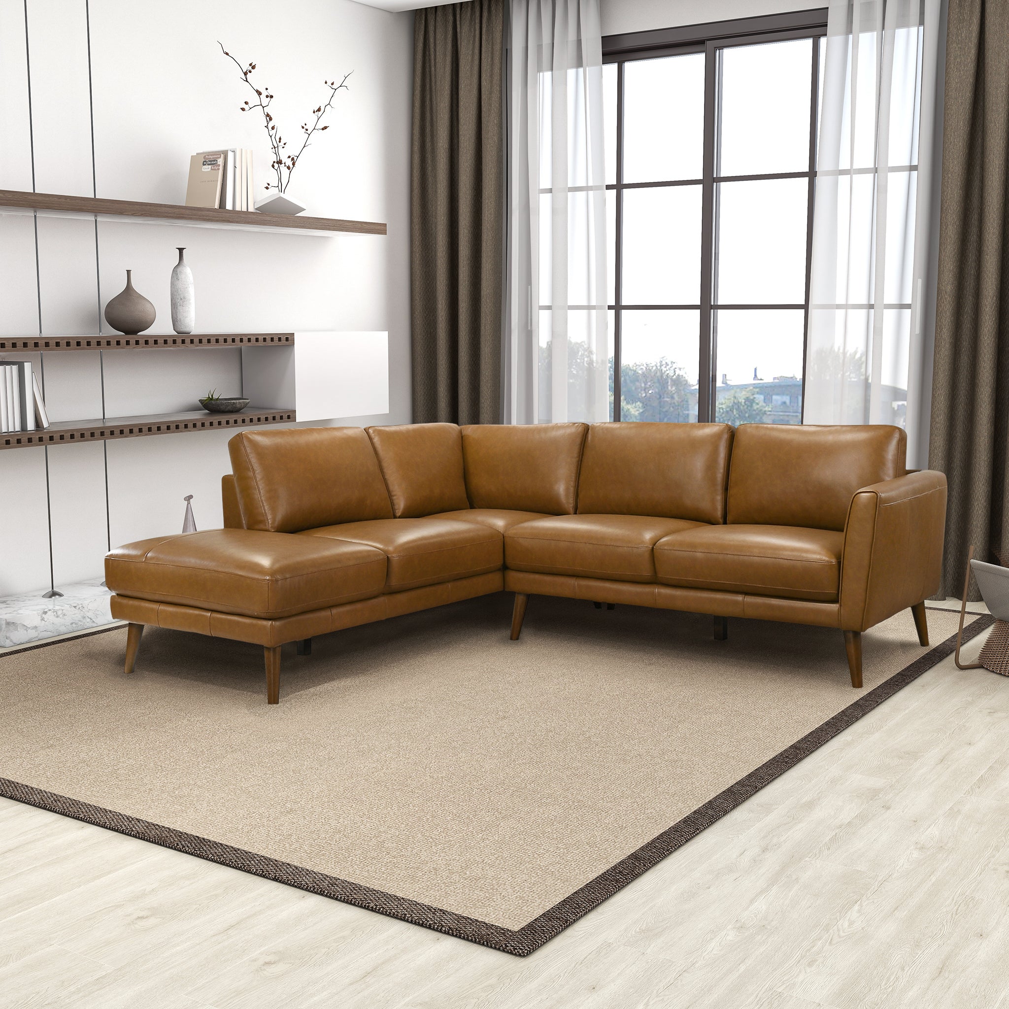 Benson Tan Leather Sectional Sofa Left Facing Chaise - SEC00400405