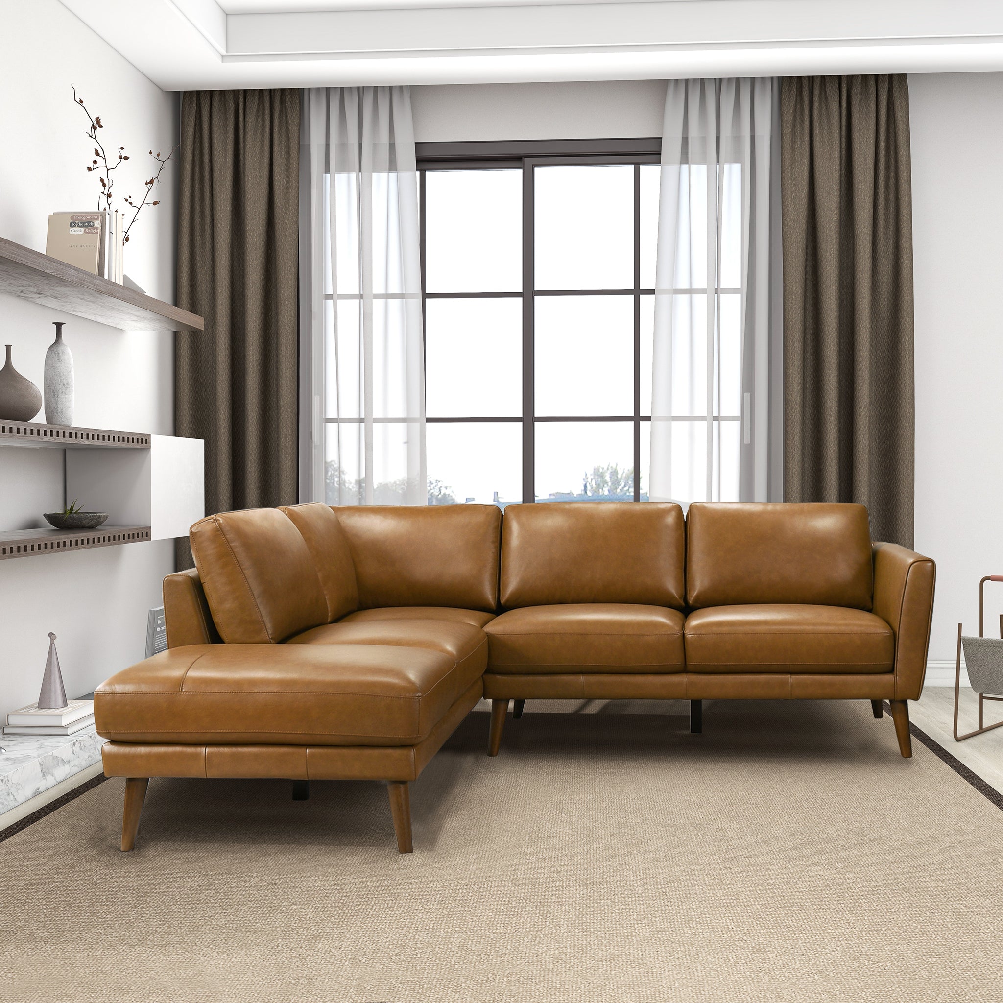Benson Tan Leather Sectional Sofa Left Facing Chaise - SEC00400405
