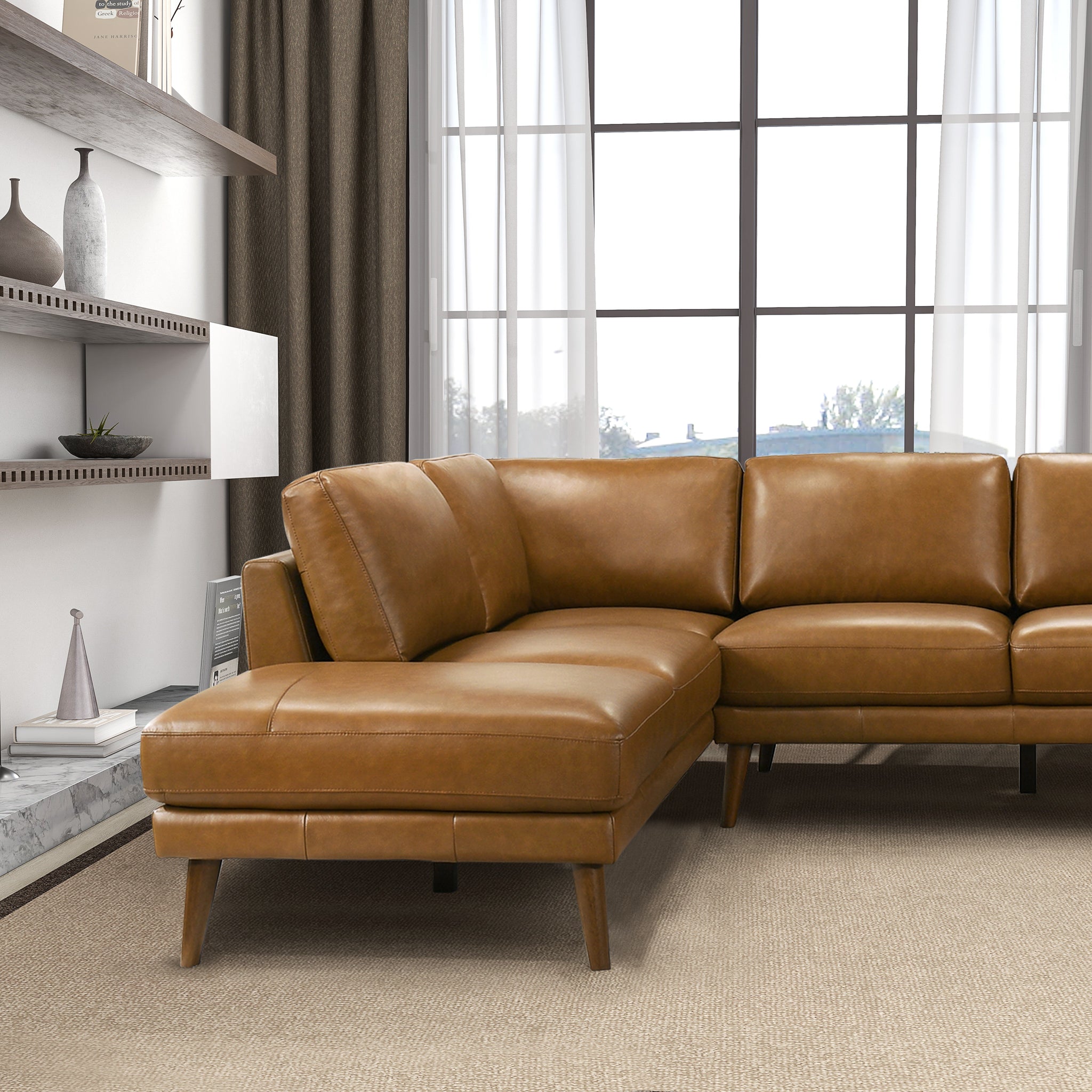 Benson Tan Leather Sectional Sofa Left Facing Chaise - SEC00400405