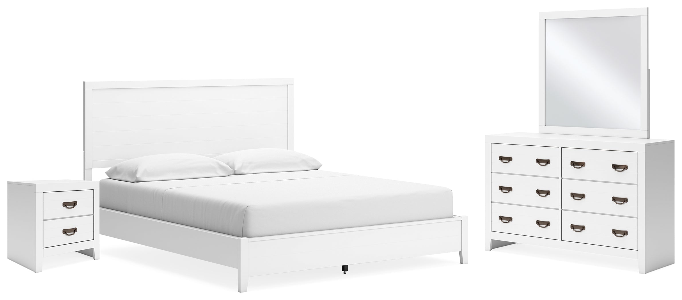 Binterglen California King Panel Bed with Mirrored Dresser and Nightstand in White - PKG016796