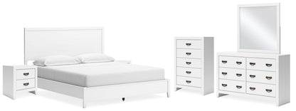 Binterglen California King Panel Bed with Mirrored Dresser, Chest and 2 Nightstands in White - PKG016795