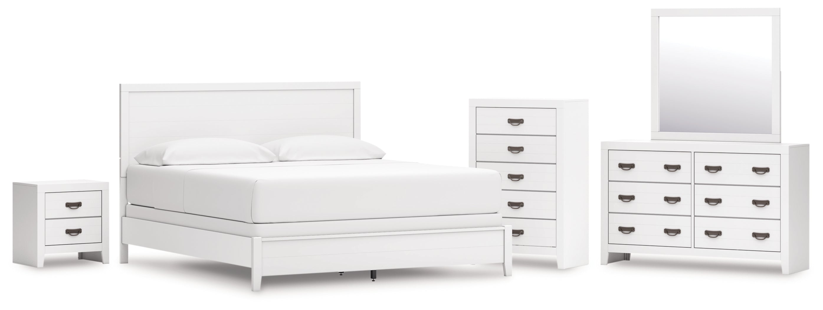 Binterglen California King Panel Bed with Mirrored Dresser, Chest and Nightstand in White from Ashley - Luna Furniture