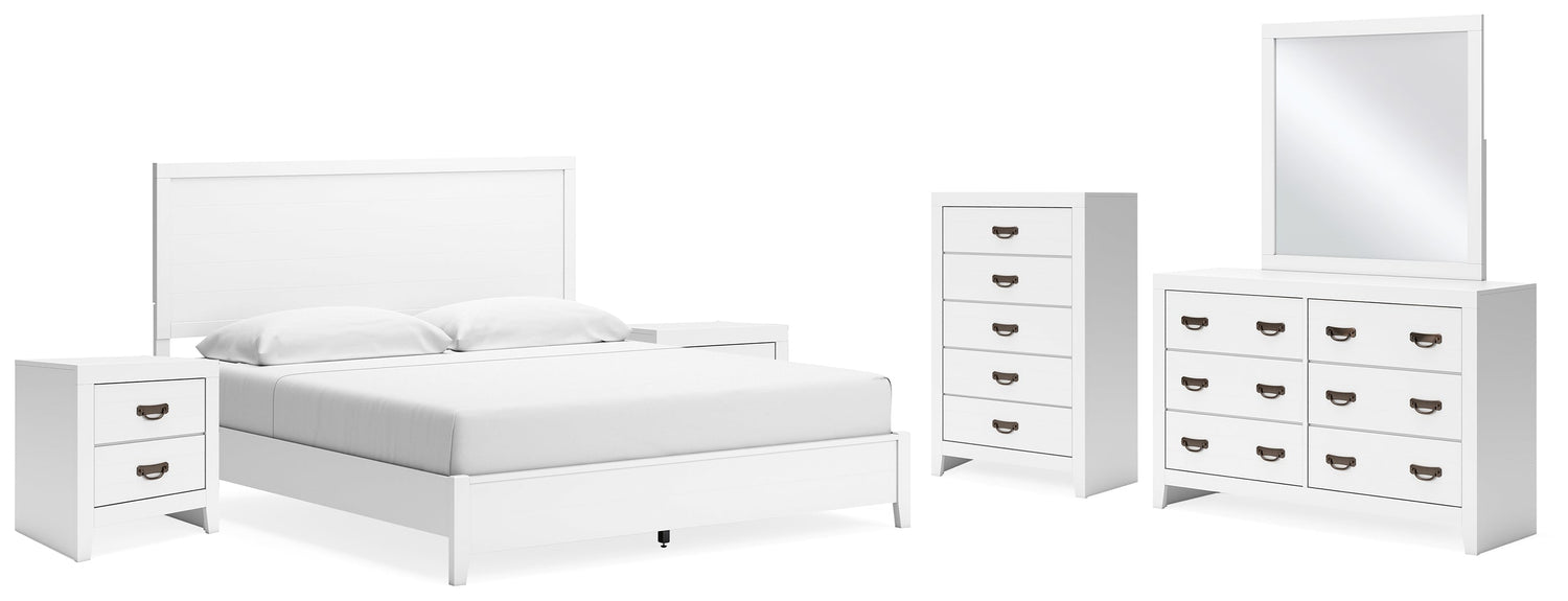 Binterglen King Panel Bed with Mirrored Dresser, Chest and 2 Nightstands in White - PKG016711