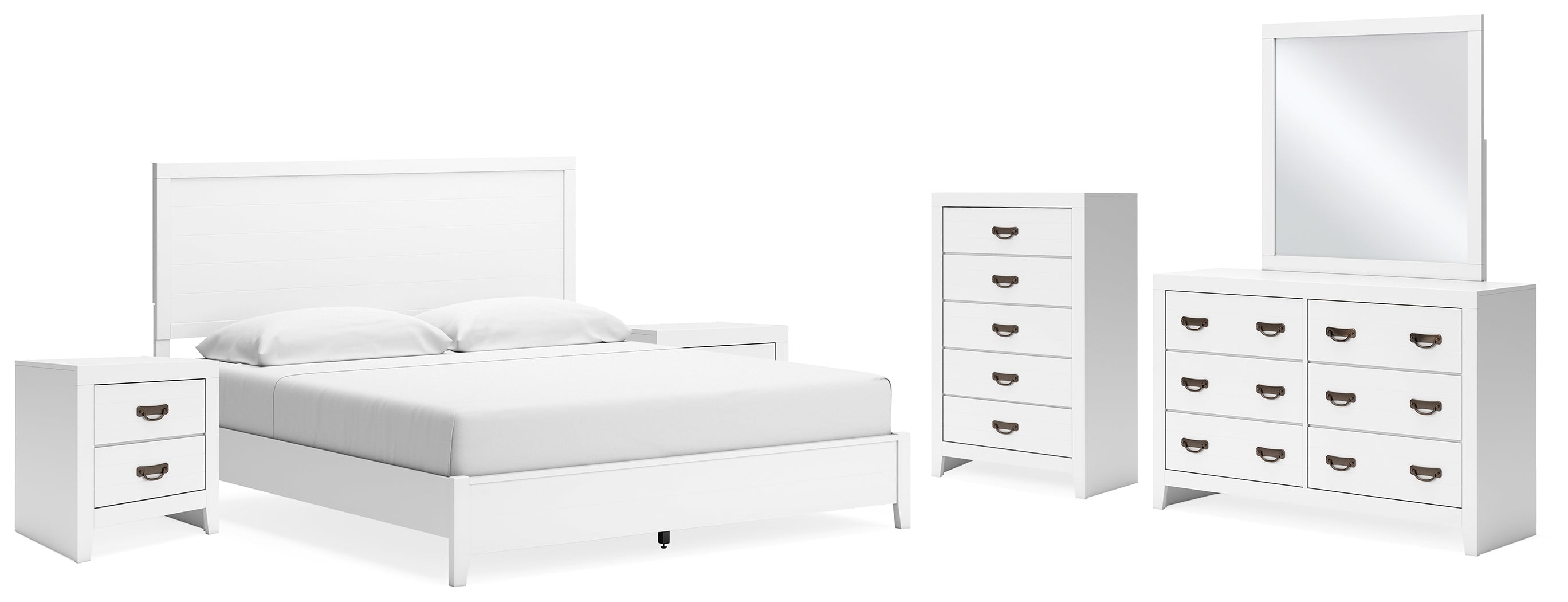 Binterglen King Panel Bed with Mirrored Dresser, Chest and 2 Nightstands in White - PKG016711