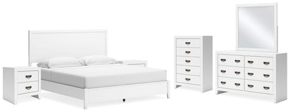 Binterglen King Panel Bed with Mirrored Dresser, Chest and 2 Nightstands in White - PKG016711