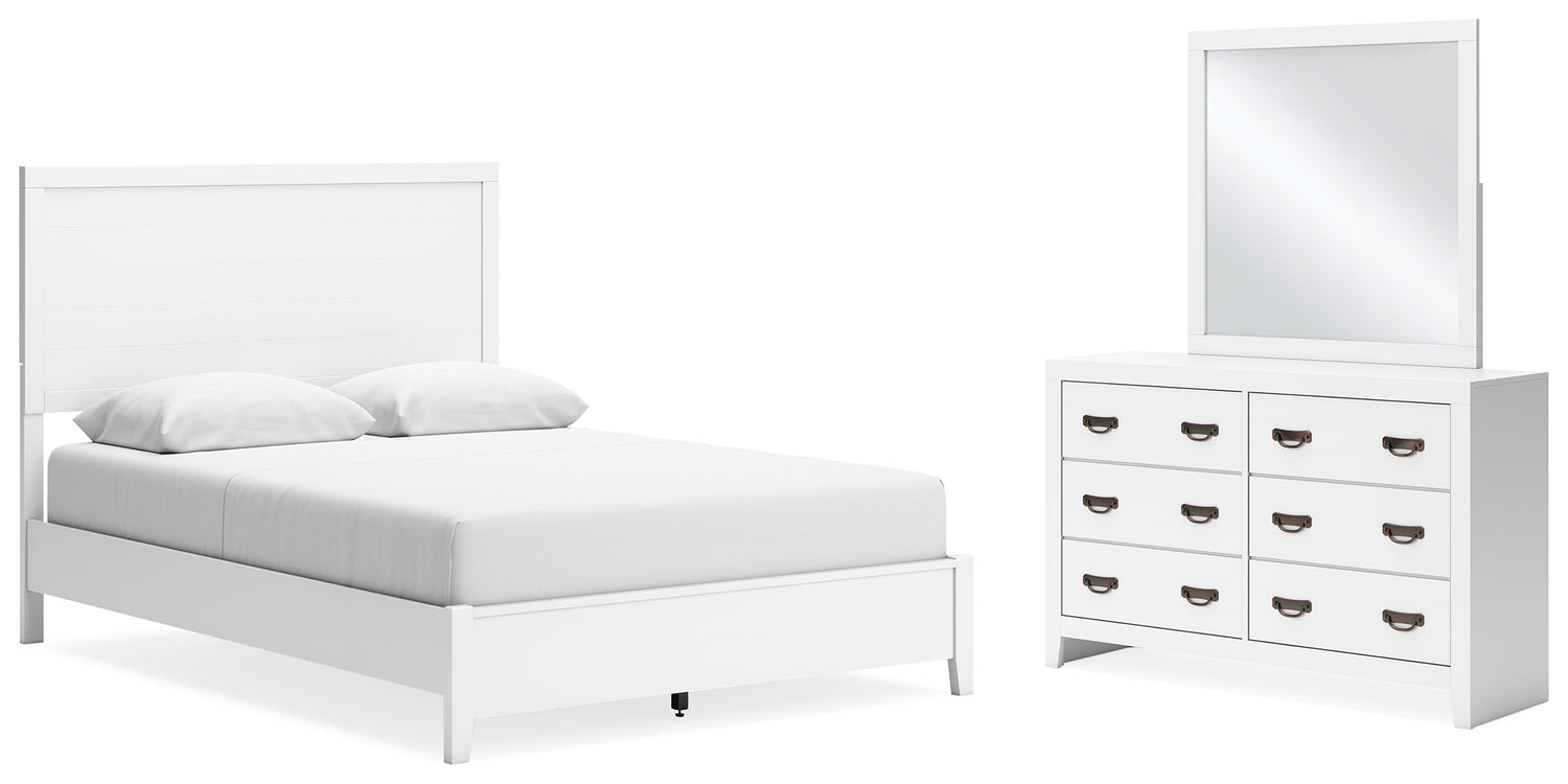 Binterglen Queen Panel Bed with Mirrored Dresser in White - PKG016700