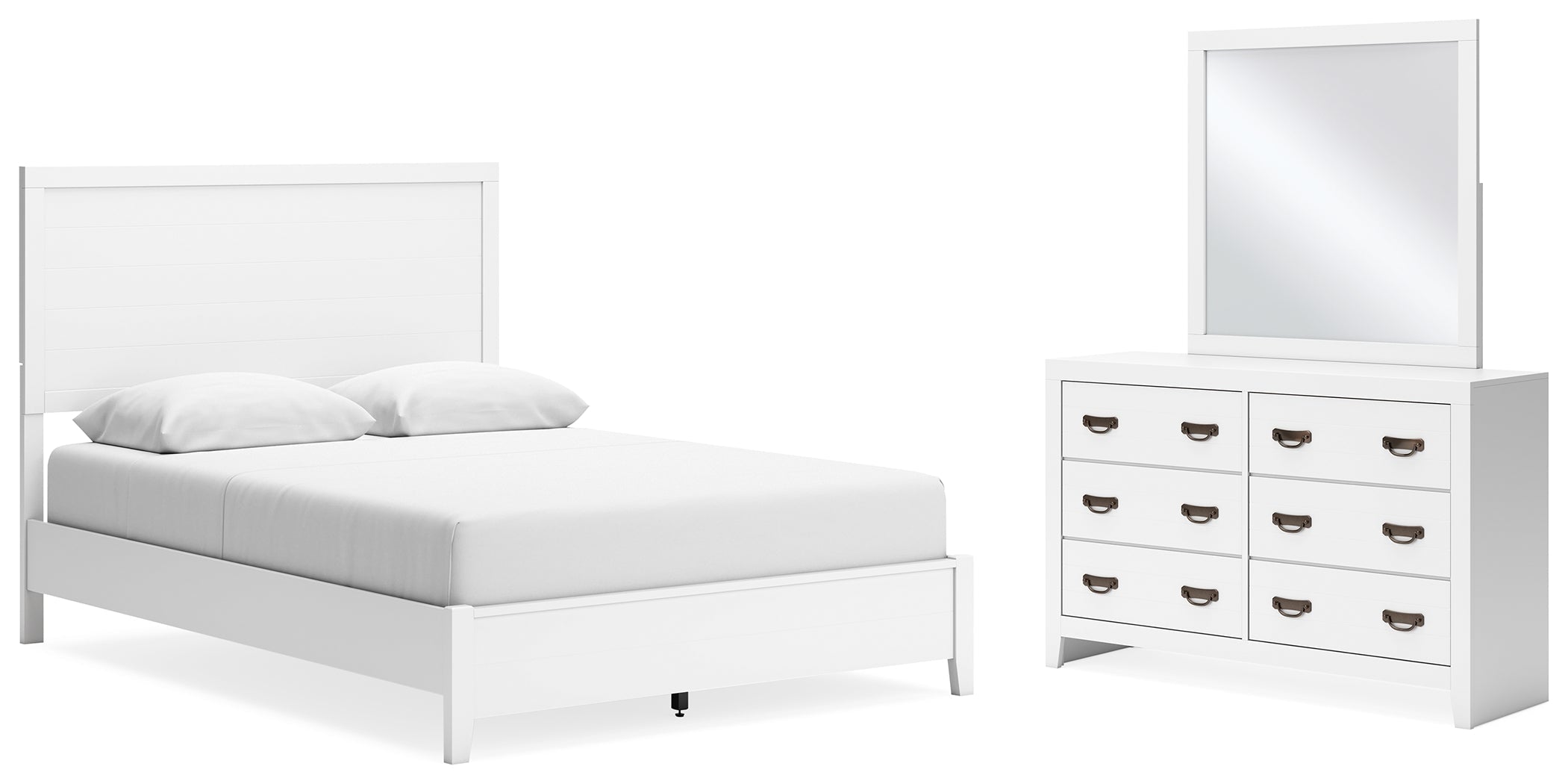 Binterglen Queen Panel Bed with Mirrored Dresser in White - PKG016700