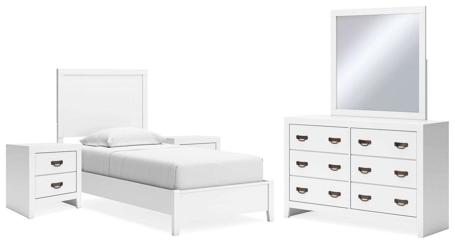 Binterglen Twin Panel Bed with Mirrored Dresser and 2 Nightstands in White - PKG016600