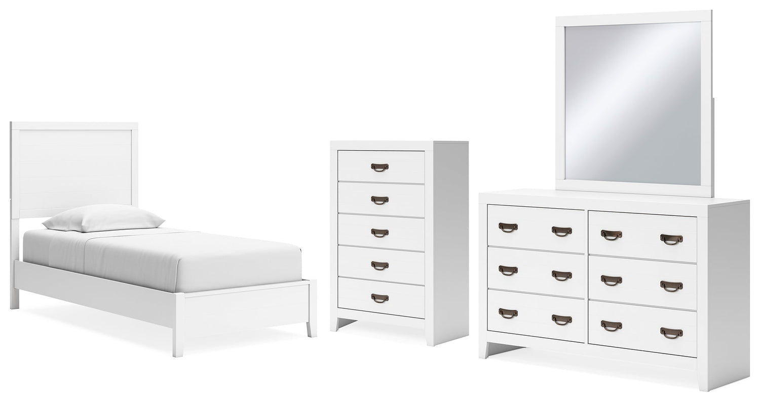 Binterglen Twin Panel Bed with Mirrored Dresser and Chest in White - PKG016603