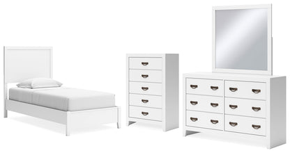 Binterglen Twin Panel Bed with Mirrored Dresser and Chest in White - PKG016603