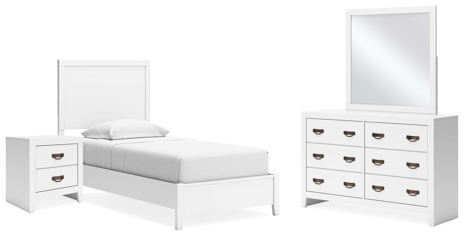 Binterglen Twin Panel Bed with Mirrored Dresser and Nightstand in White - PKG016602