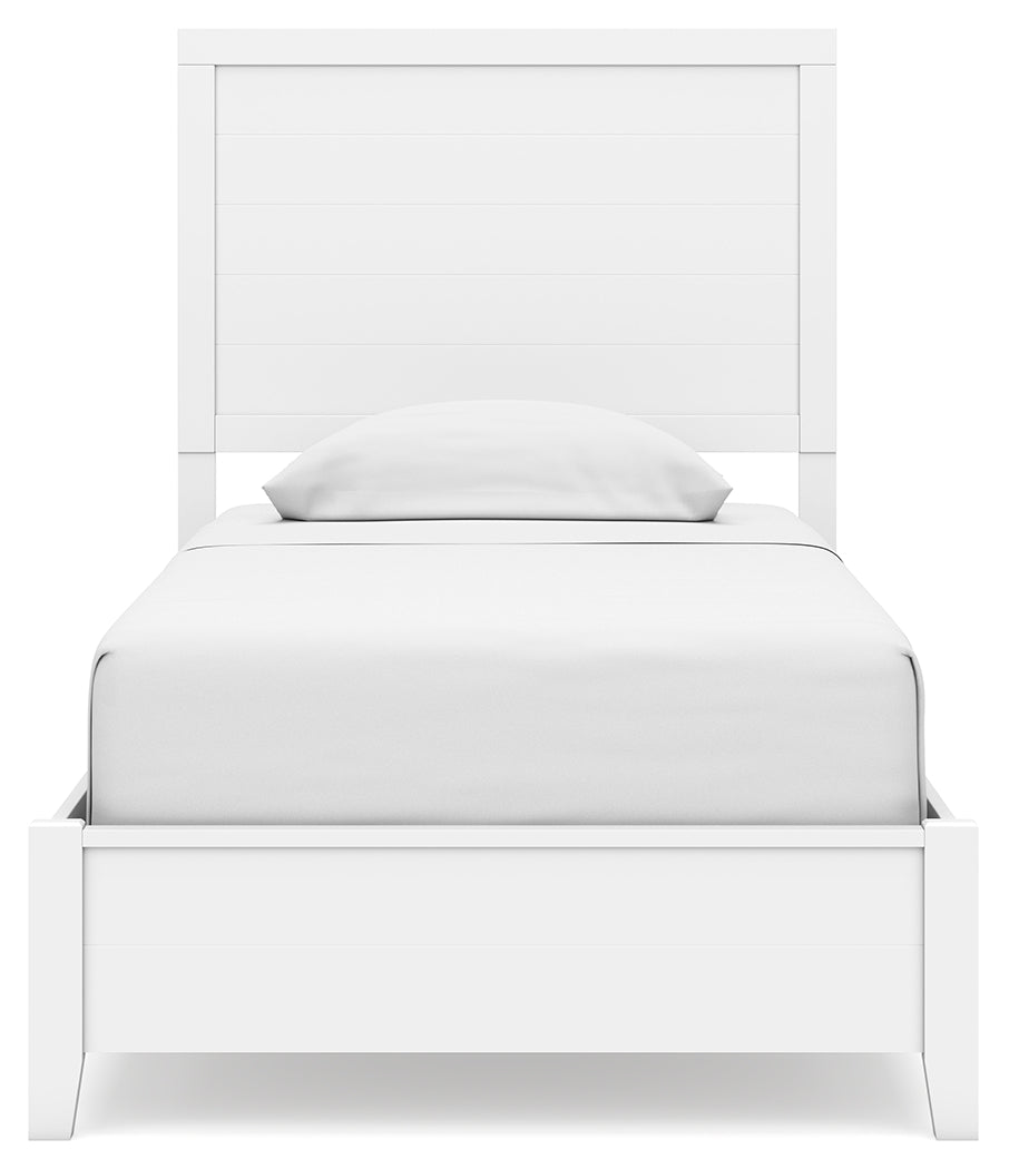 Binterglen Twin Panel Bed with Mirrored Dresser, Chest and 2 Nightstands in White - PKG016601