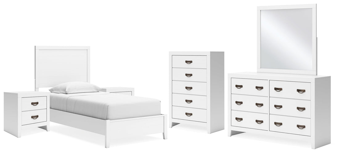Binterglen Twin Panel Bed with Mirrored Dresser, Chest and 2 Nightstands in White - PKG016601