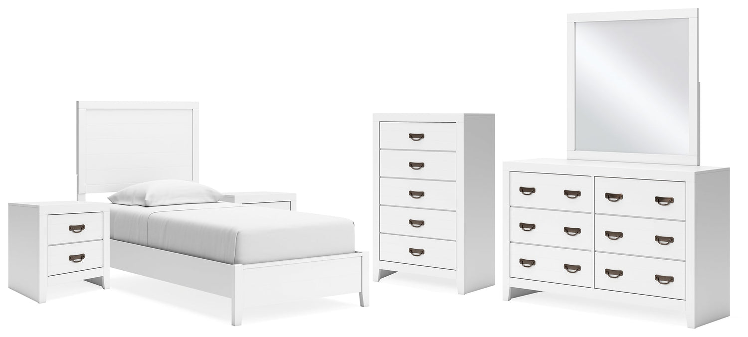 Binterglen Twin Panel Bed with Mirrored Dresser, Chest and 2 Nightstands in White - PKG016601