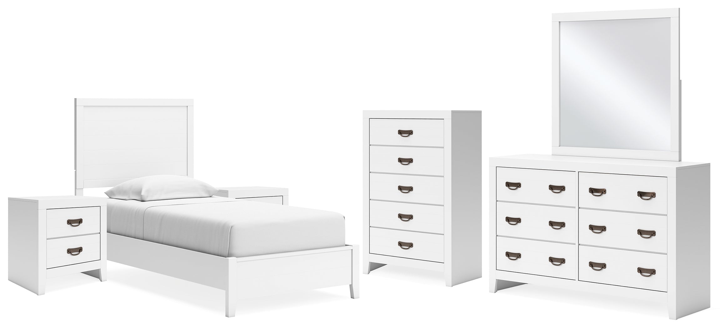 Binterglen Twin Panel Bed with Mirrored Dresser, Chest and 2 Nightstands in White - PKG016601