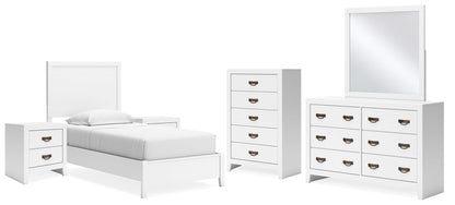 Binterglen Twin Panel Bed with Mirrored Dresser, Chest and 2 Nightstands in White - PKG016601