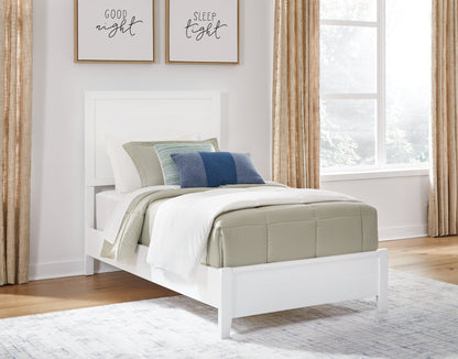 Binterglen Twin Panel Bed with Mirrored Dresser, Chest and 2 Nightstands in White - PKG016601