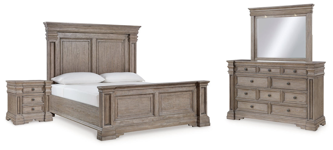 Blairhurst King Panel Bed with Mirrored Dresser and Nightstand in Light Grayish Brown from Ashley - Luna Furniture