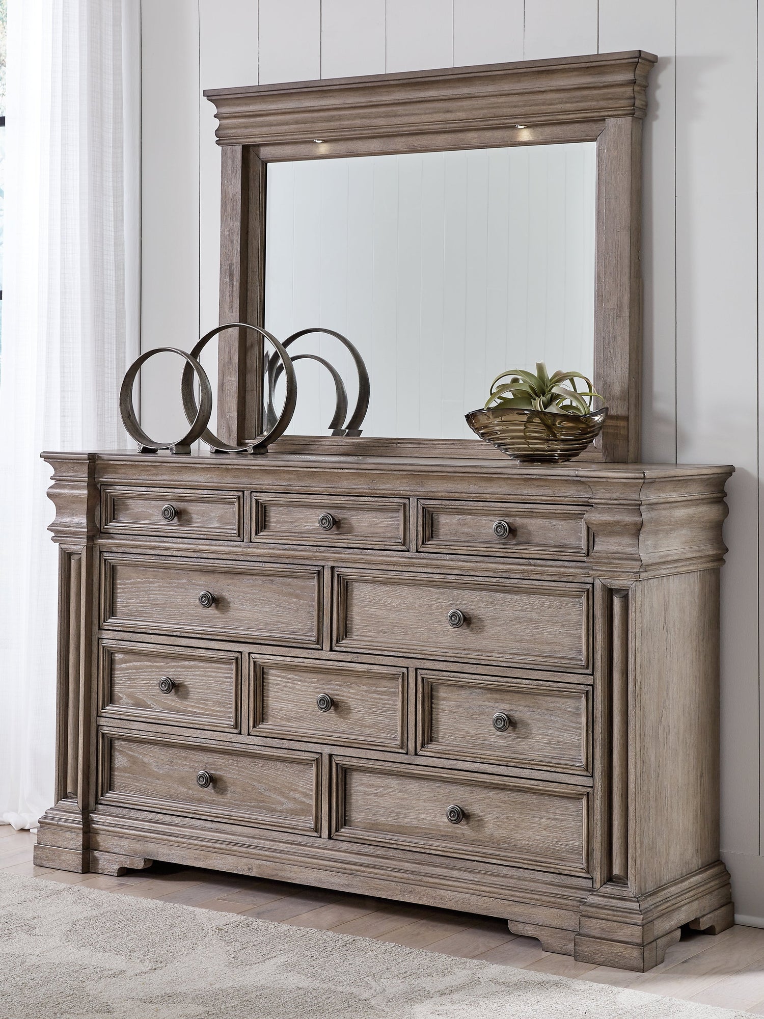 Blairhurst King Panel Bed with Mirrored Dresser, Chest and Nightstand in Light Grayish Brown from Ashley - Luna Furniture
