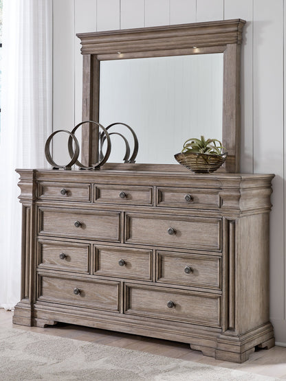 Blairhurst King Panel Bed with Mirrored Dresser, Chest and Nightstand in Light Grayish Brown from Ashley - Luna Furniture