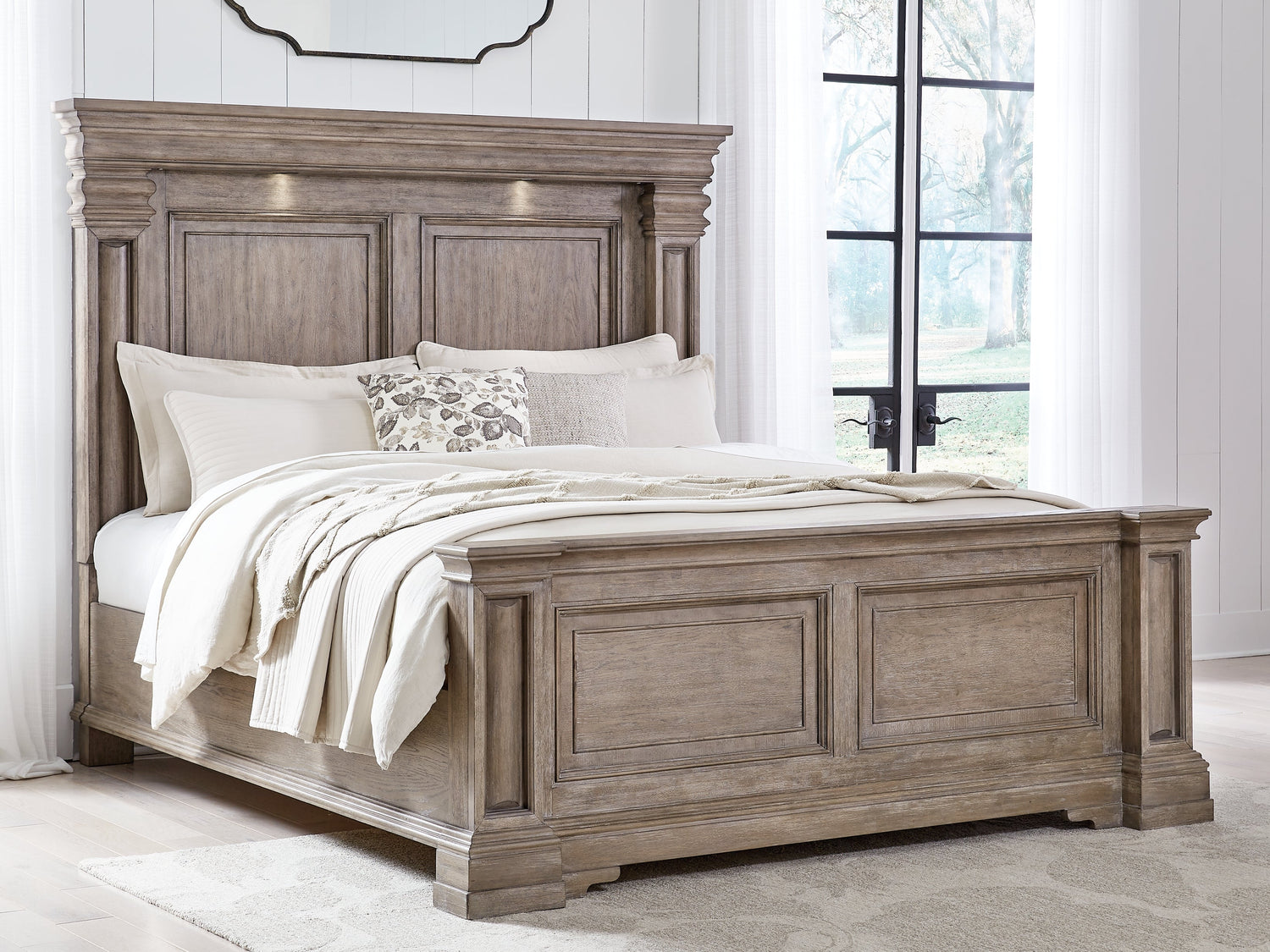 Blairhurst King Panel Bed with Mirrored Dresser, Chest and Nightstand in Light Grayish Brown from Ashley - Luna Furniture