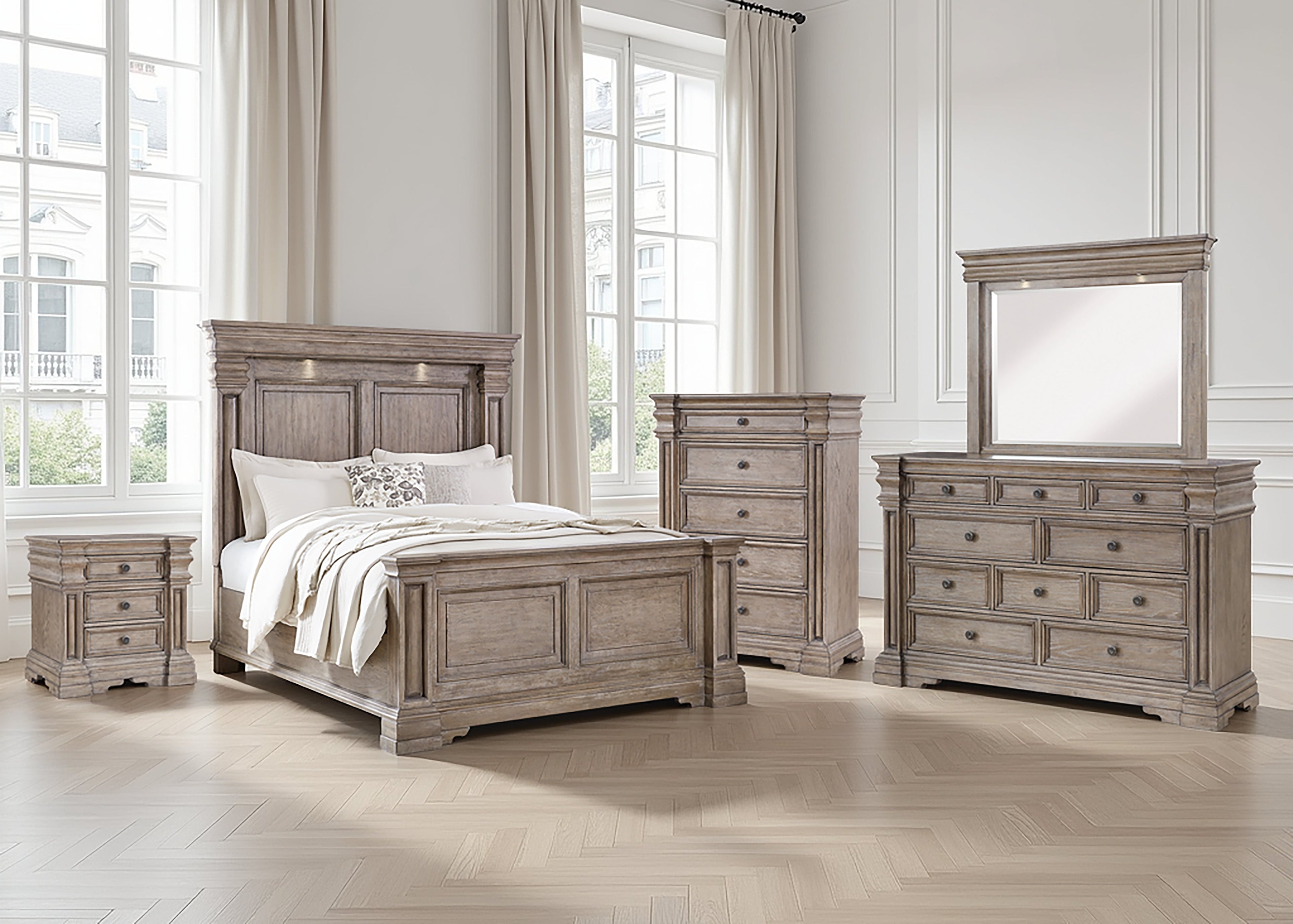 Blairhurst Queen Panel Bed with Mirrored Dresser, Chest and Nightstand in Light Grayish Brown from Ashley - Luna Furniture