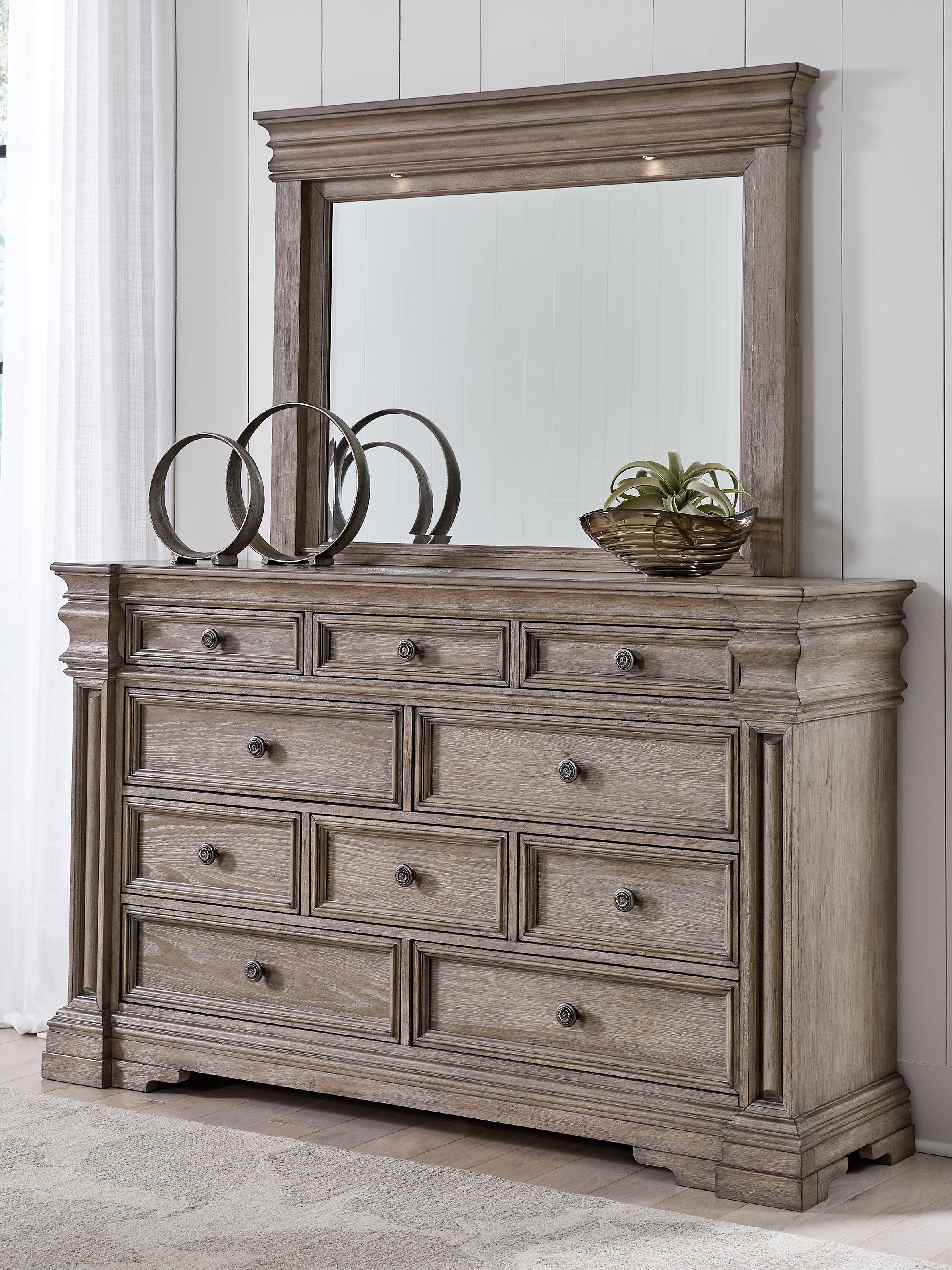 Blairhurst Queen Panel Bed with Mirrored Dresser, Chest and Nightstand in Light Grayish Brown from Ashley - Luna Furniture