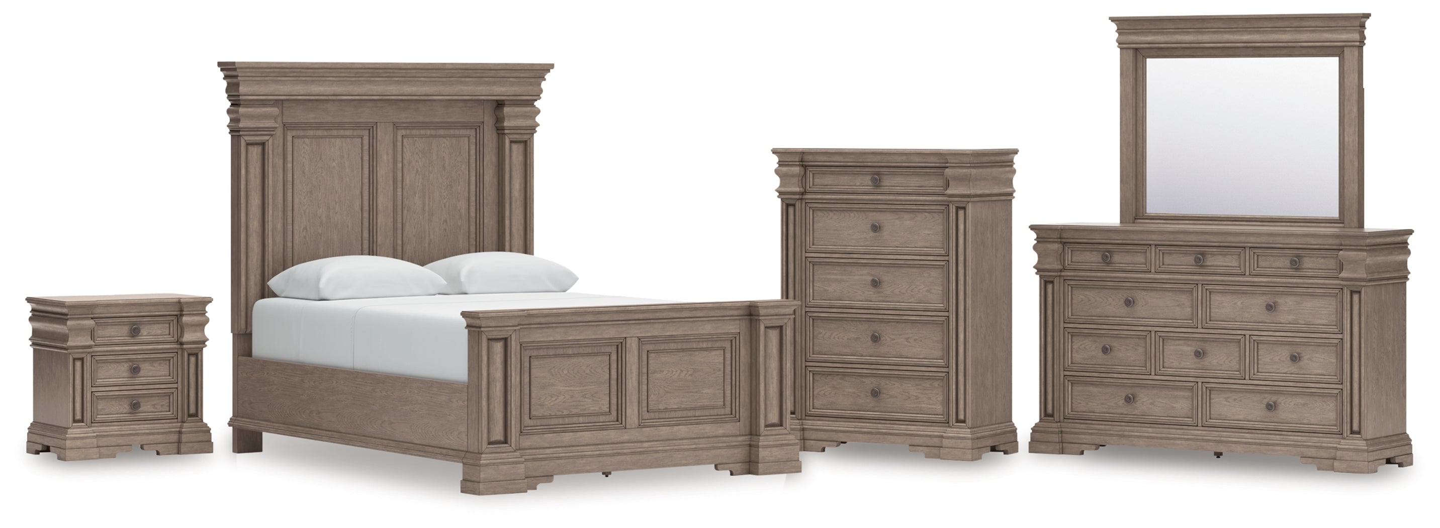 Blairhurst Queen Panel Bed with Mirrored Dresser, Chest and Nightstand in Light Grayish Brown from Ashley - Luna Furniture