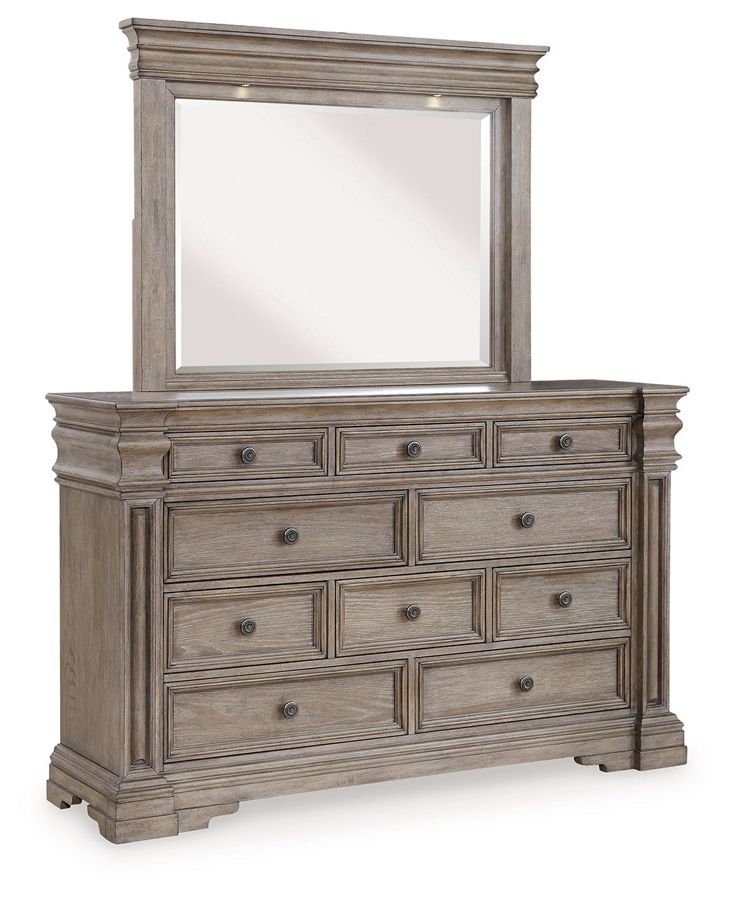 Blairhurst Queen Panel Bed with Mirrored Dresser, Chest and Nightstand in Light Grayish Brown from Ashley - Luna Furniture