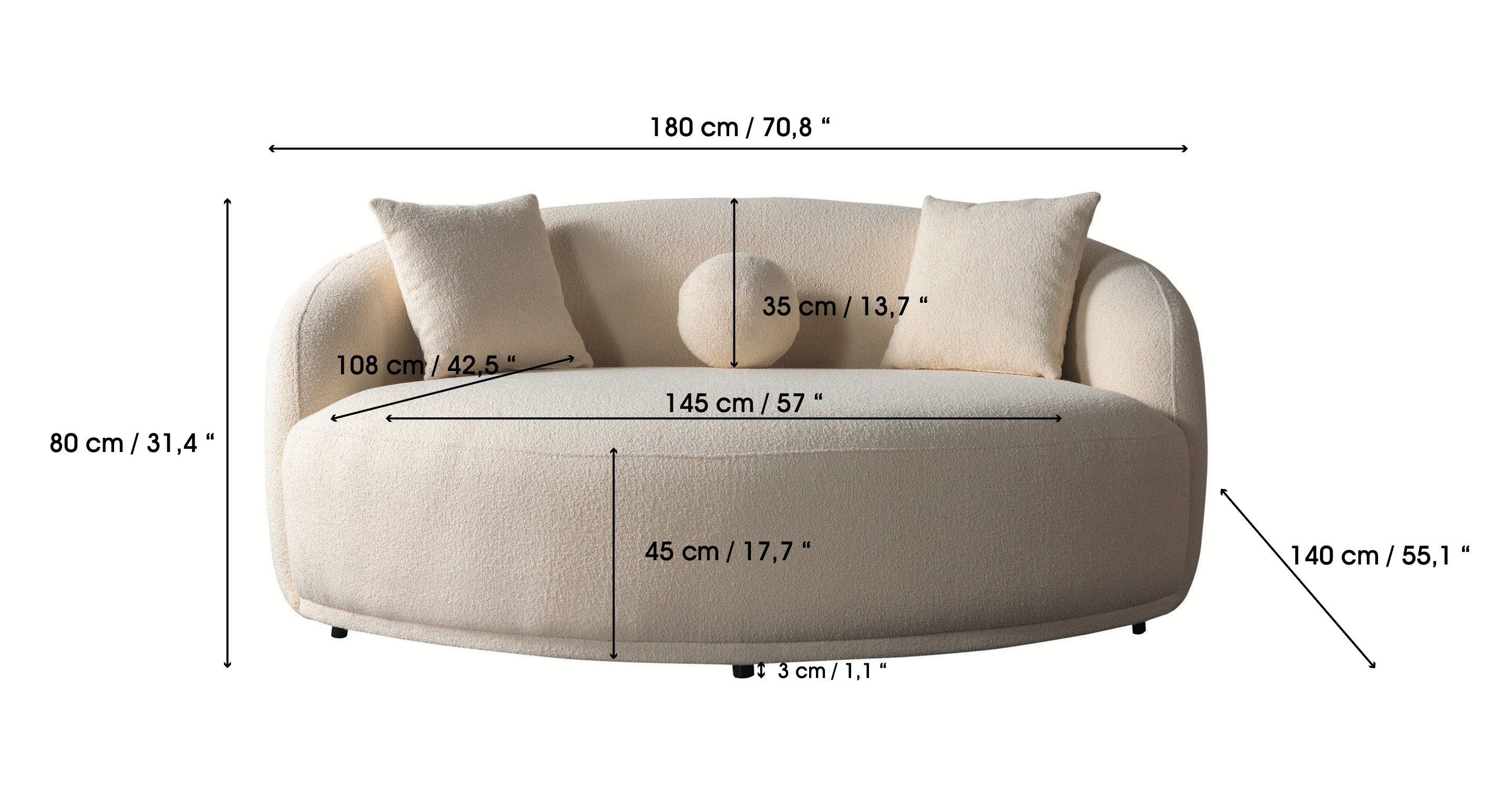 Bonita Ivory Boucle Round Sofa  71" - BONITAIVORY-RS