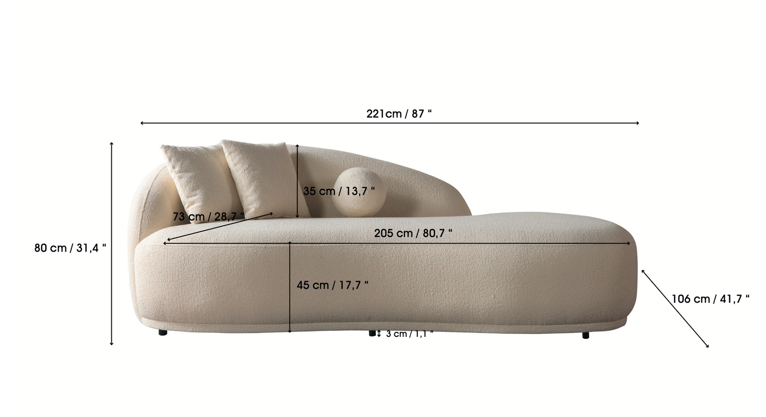 Bonita Ivory Boucle Sofa Chaise 87" - BONITAIVORY-SC