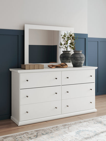 Bostwick Shoals King Panel Bed with Mirrored Dresser and Nightstand in White - PKG021582